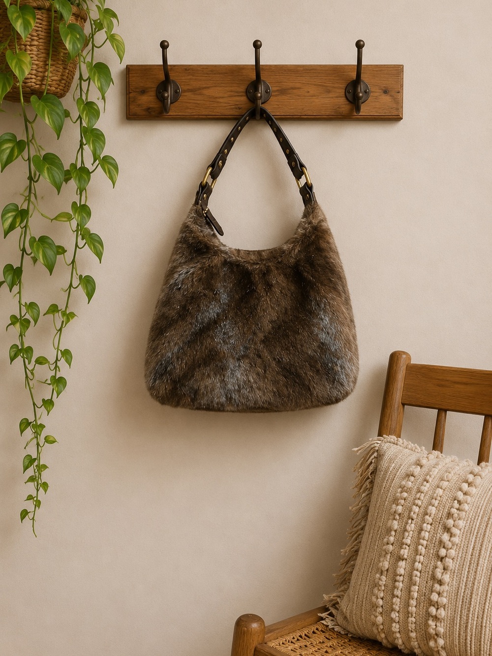 Vtg Tianni Brown Faux Fur Shoulder Bag Leather Studded Festival Wilderkind